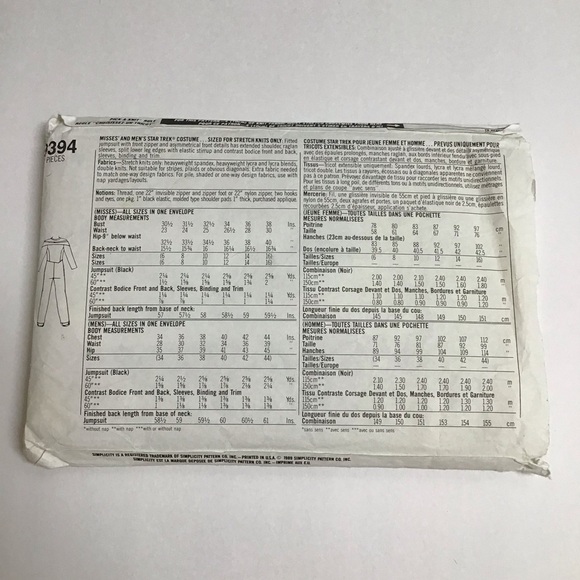 Simplicity Star Trek Costume Sew Pattern 9394 Size BB (34-44) CUT 1989 Vintage - Picture 4 of 5